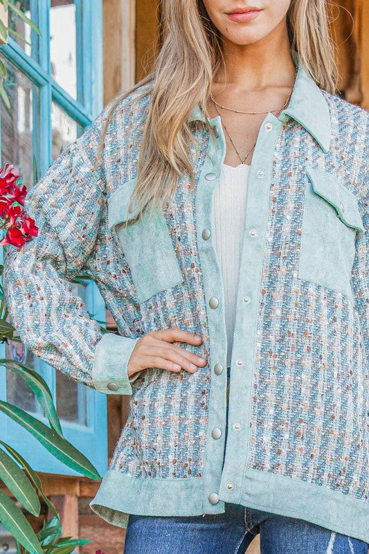 Put Together Turquoise Twill Banded Snap Button Jacket-Modish Lily, Tecumseh Michigan