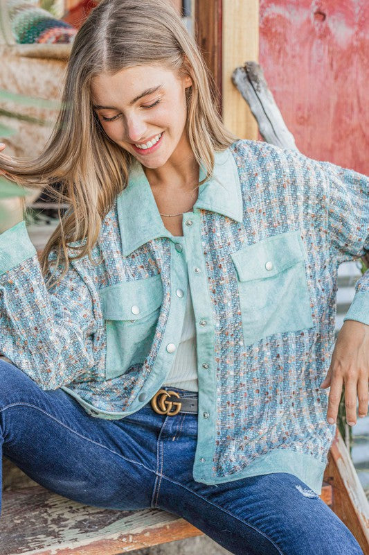 Put Together Turquoise Twill Banded Snap Button Jacket-Modish Lily, Tecumseh Michigan