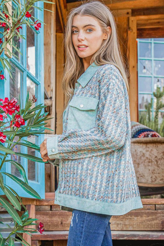 Put Together Turquoise Twill Banded Snap Button Jacket-Modish Lily, Tecumseh Michigan