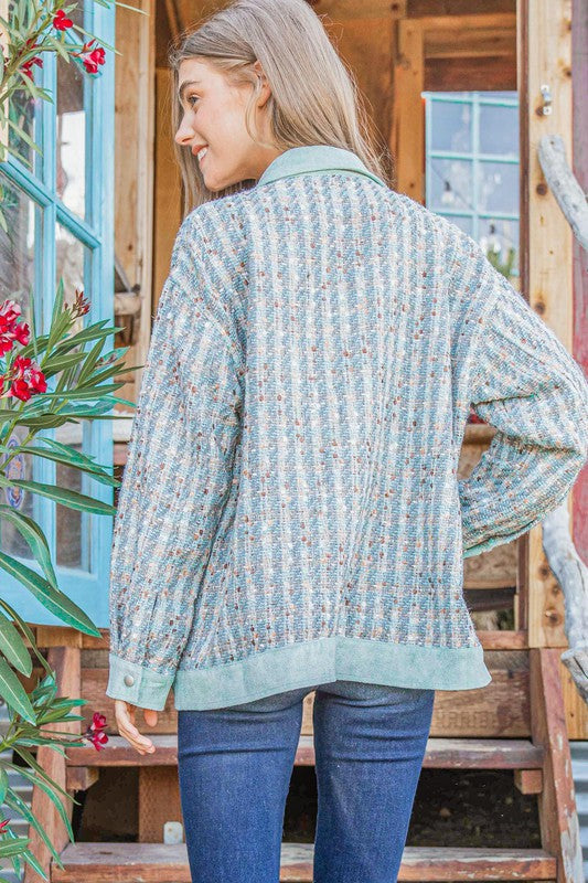 Put Together Turquoise Twill Banded Snap Button Jacket-Modish Lily, Tecumseh Michigan