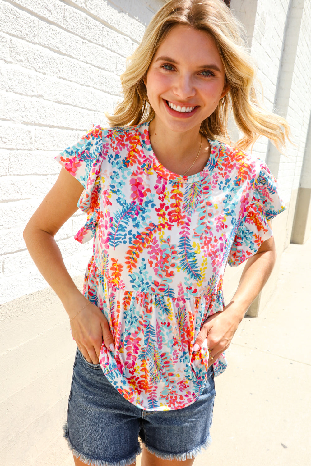 Perfect Find Ivory Floral Leaf Print Short Sleeve Babydoll Top-Modish Lily, Tecumseh Michigan