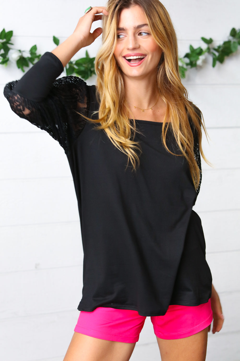 Black Lace Three Quarter Bubble Sleeve Top-Modish Lily, Tecumseh Michigan