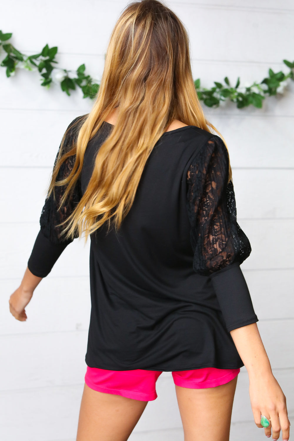 Black Lace Three Quarter Bubble Sleeve Top-Modish Lily, Tecumseh Michigan