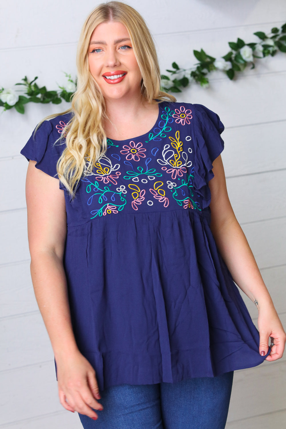 Navy Floral Embroidered Flutter Sleeve Top-Modish Lily, Tecumseh Michigan