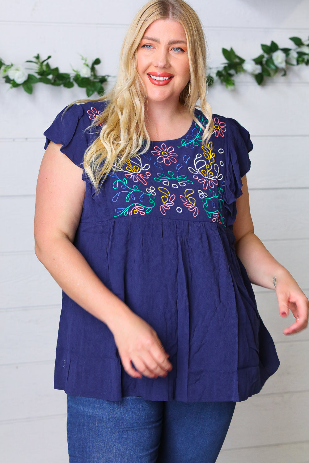 Navy Floral Embroidered Flutter Sleeve Top-Modish Lily, Tecumseh Michigan