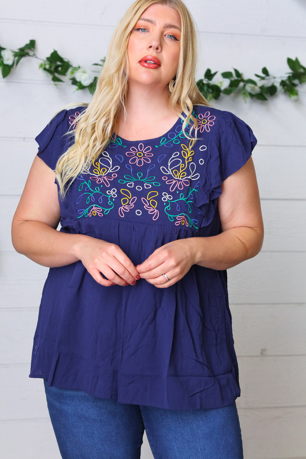 Navy Floral Embroidered Flutter Sleeve Top-Modish Lily, Tecumseh Michigan