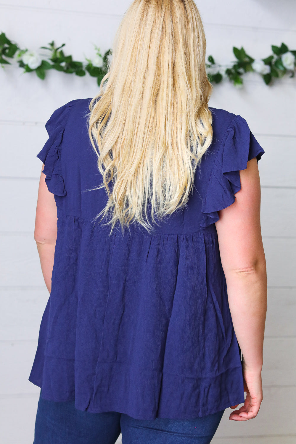 Navy Floral Embroidered Flutter Sleeve Top-Modish Lily, Tecumseh Michigan