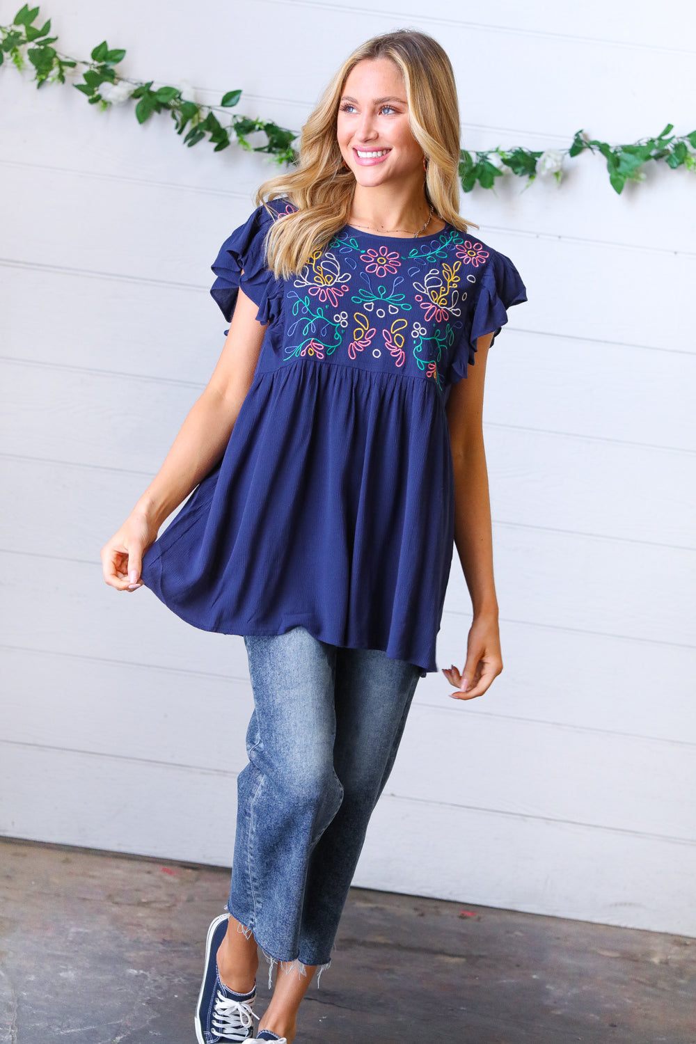 Navy Floral Embroidered Flutter Sleeve Top-Modish Lily, Tecumseh Michigan