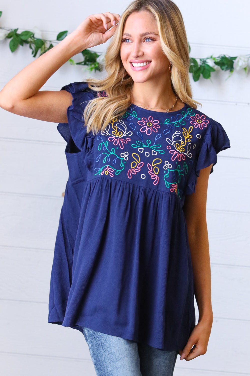 Navy Floral Embroidered Flutter Sleeve Top-Modish Lily, Tecumseh Michigan