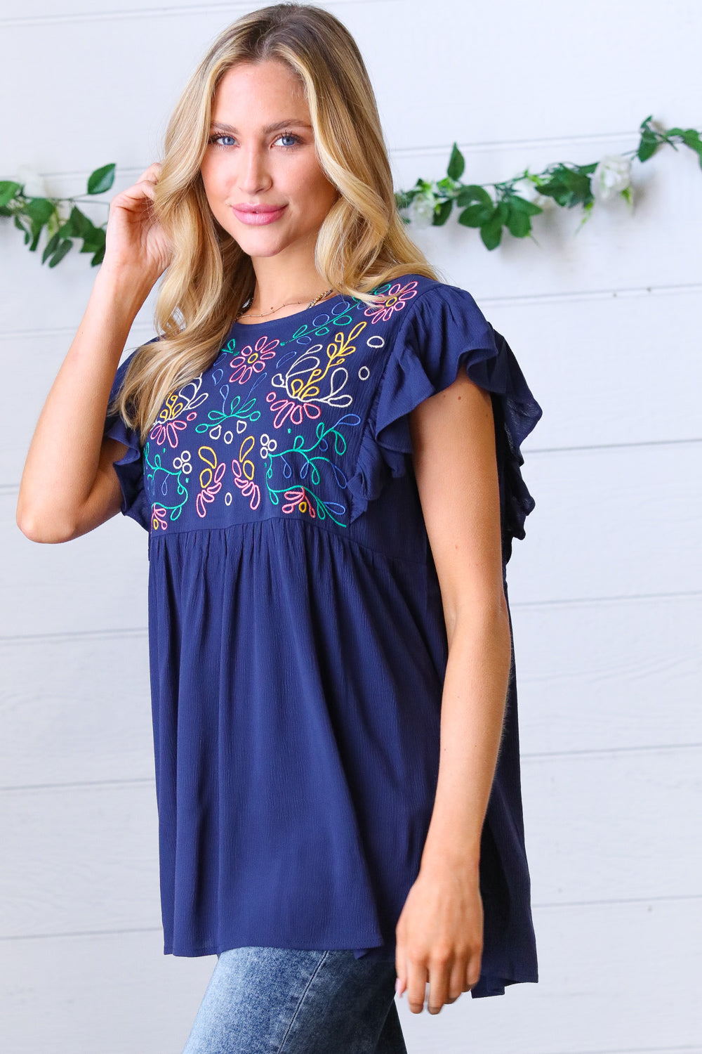 Navy Floral Embroidered Flutter Sleeve Top-Modish Lily, Tecumseh Michigan