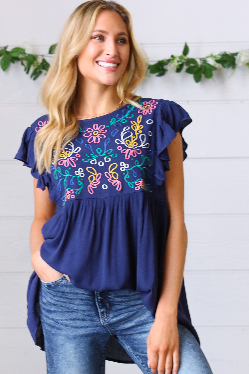 Navy Floral Embroidered Flutter Sleeve Top-Modish Lily, Tecumseh Michigan
