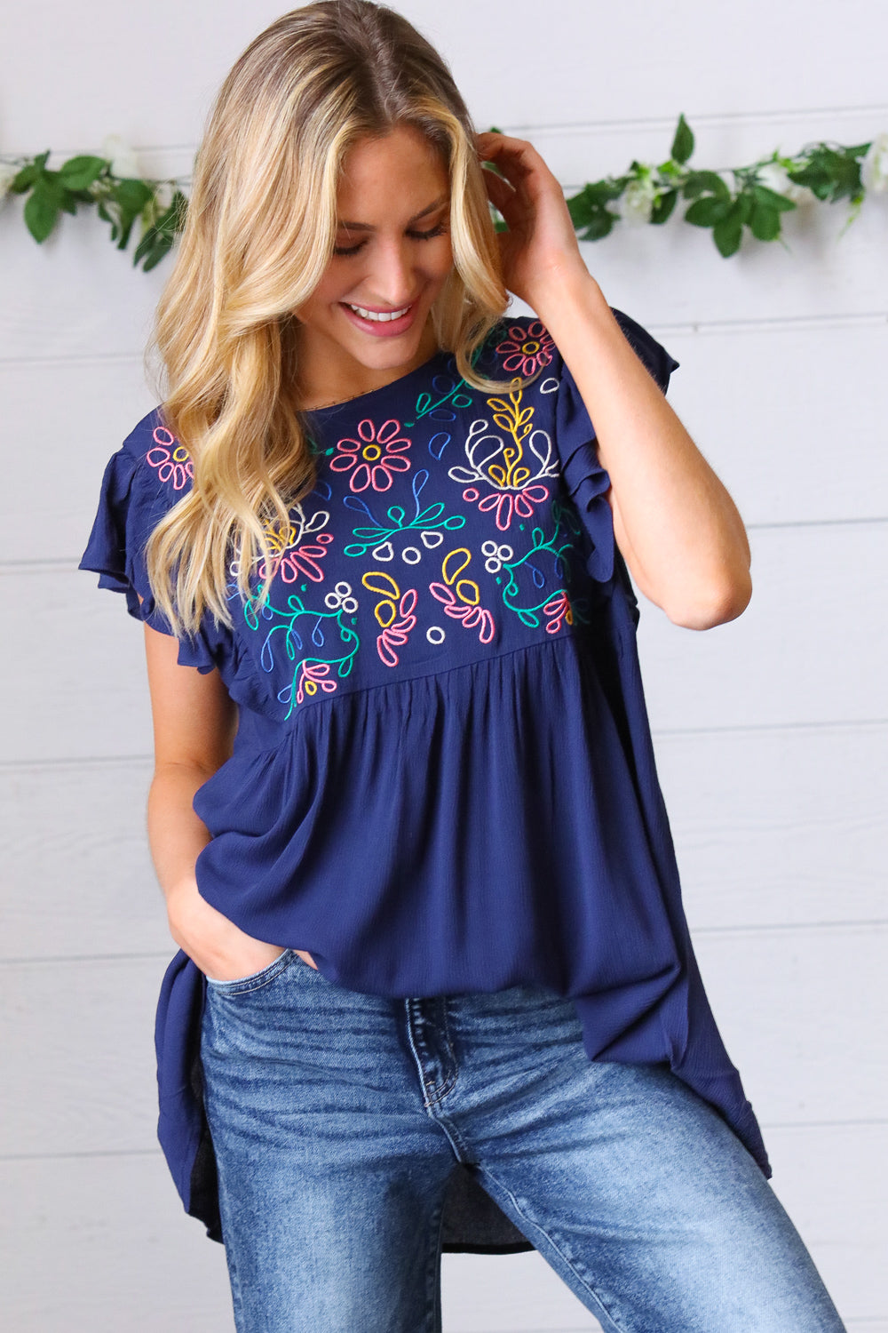 Navy Floral Embroidered Flutter Sleeve Top-Modish Lily, Tecumseh Michigan