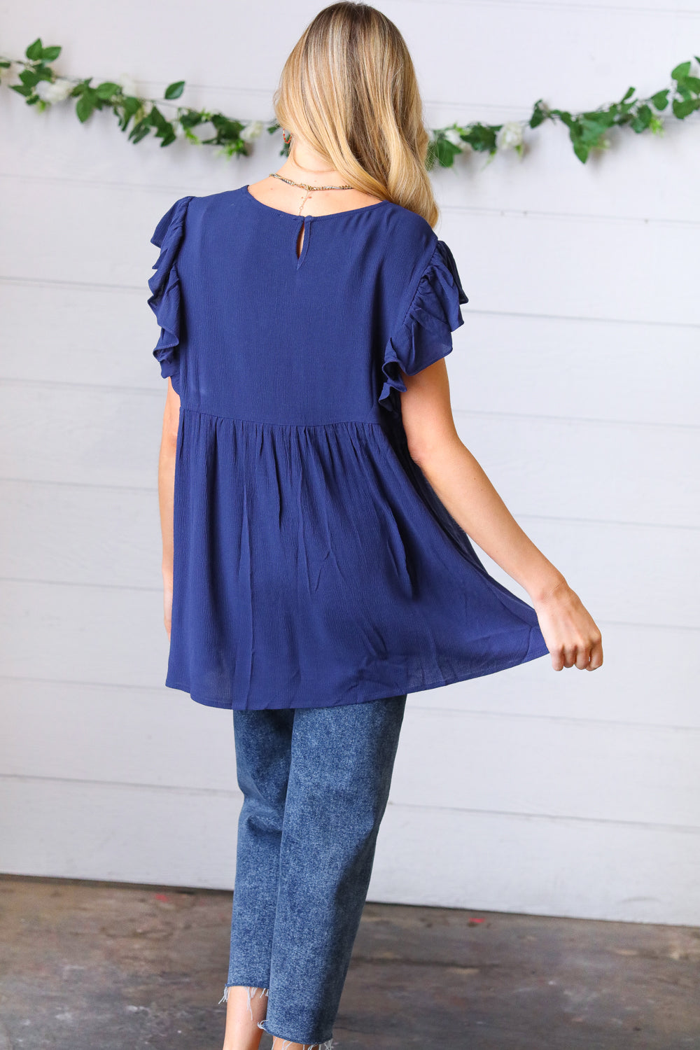 Navy Floral Embroidered Flutter Sleeve Top-Modish Lily, Tecumseh Michigan