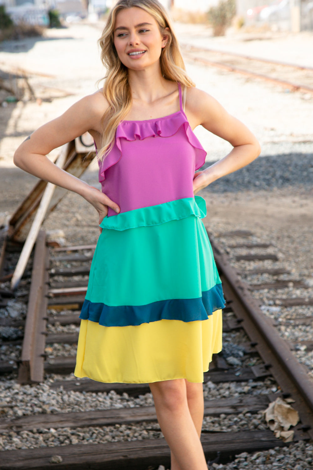 Fuchsia Shoulder Strap Color Block Tiered Ruffle Dress-Modish Lily, Tecumseh Michigan