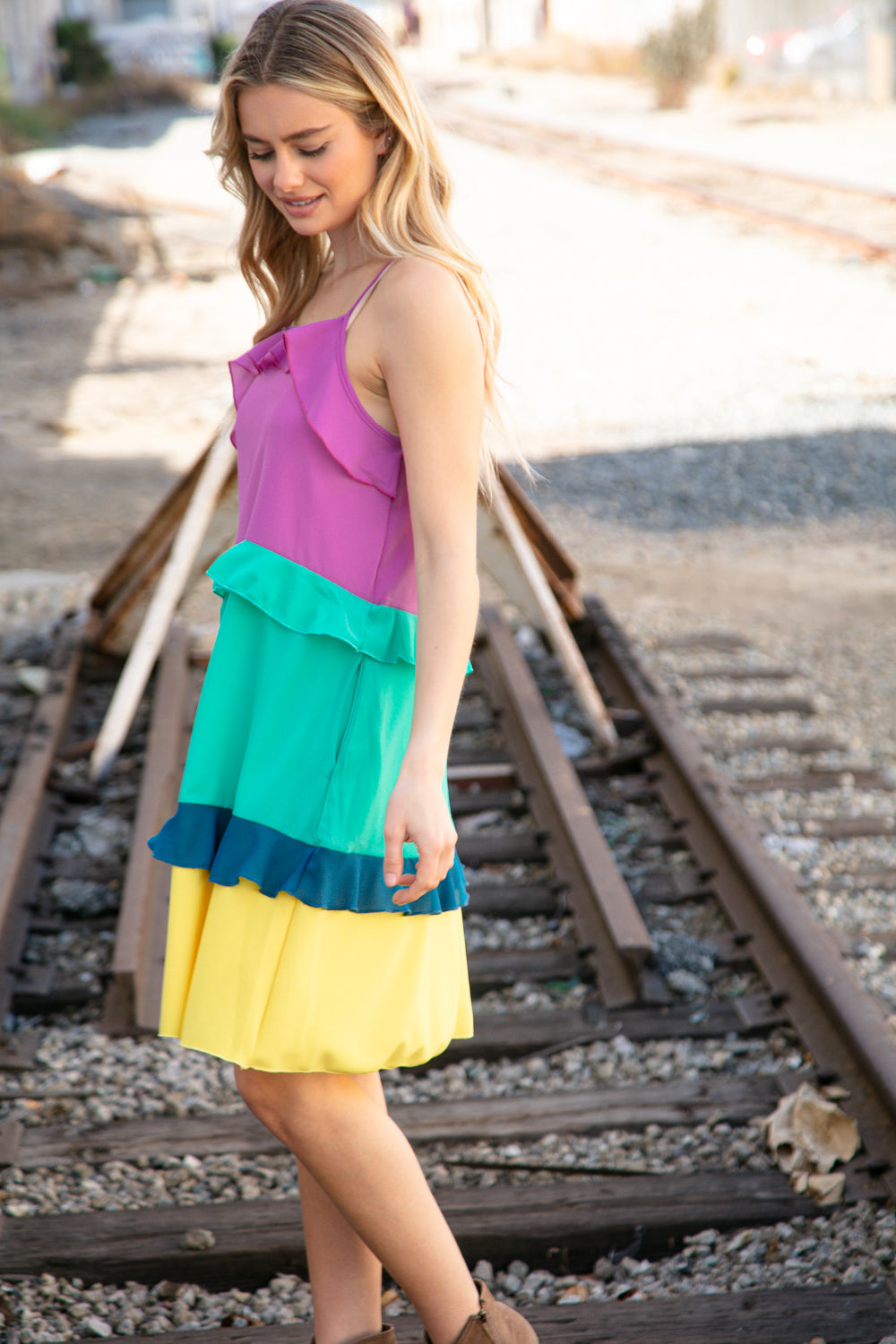 Fuchsia Shoulder Strap Color Block Tiered Ruffle Dress-Modish Lily, Tecumseh Michigan