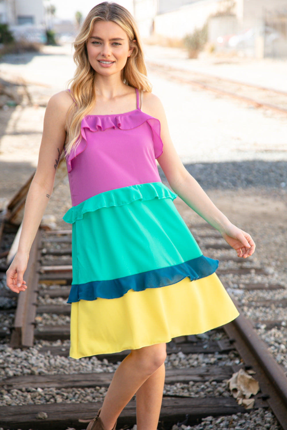 Fuchsia Shoulder Strap Color Block Tiered Ruffle Dress-Modish Lily, Tecumseh Michigan