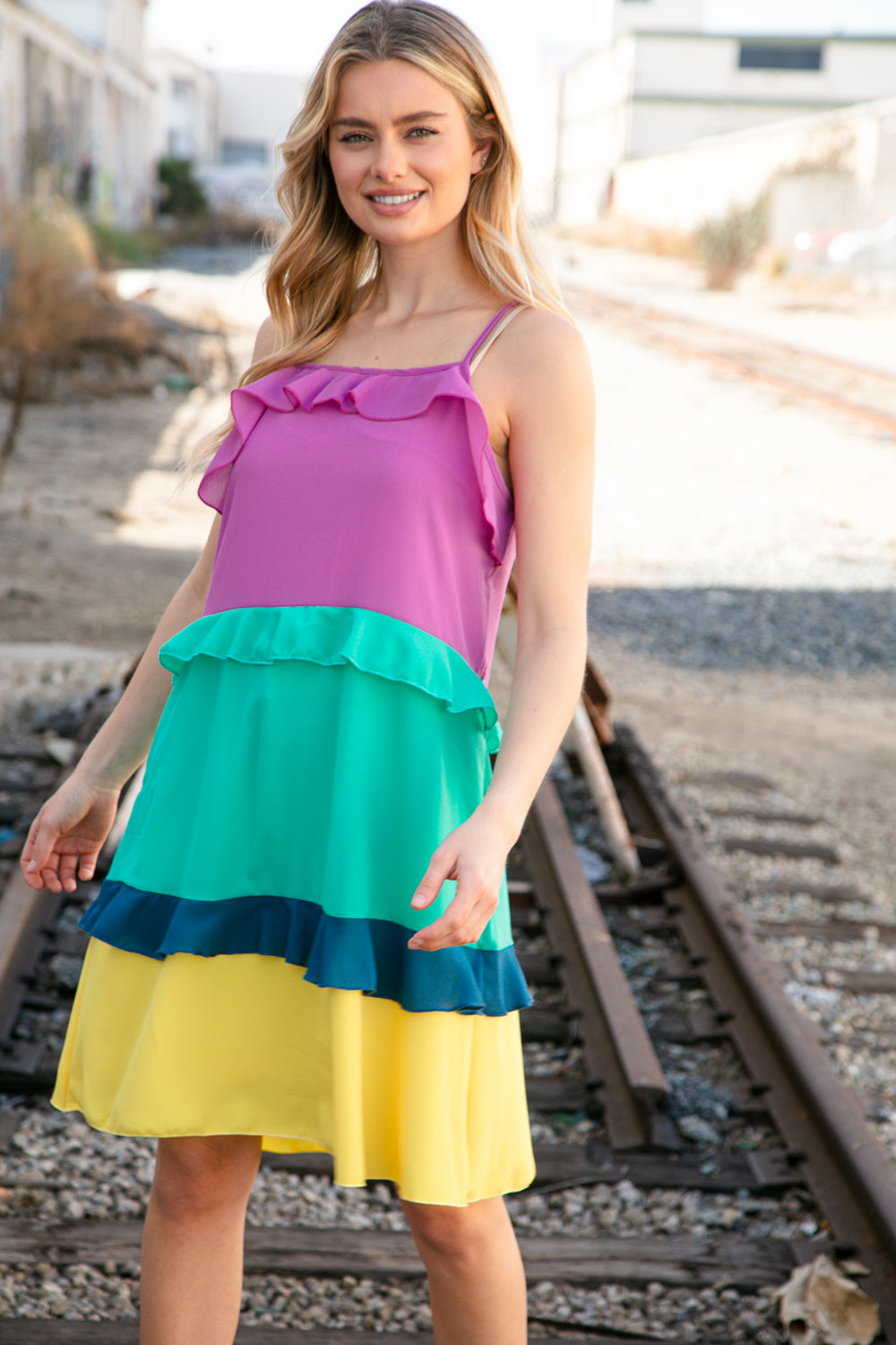 Fuchsia Shoulder Strap Color Block Tiered Ruffle Dress-Modish Lily, Tecumseh Michigan