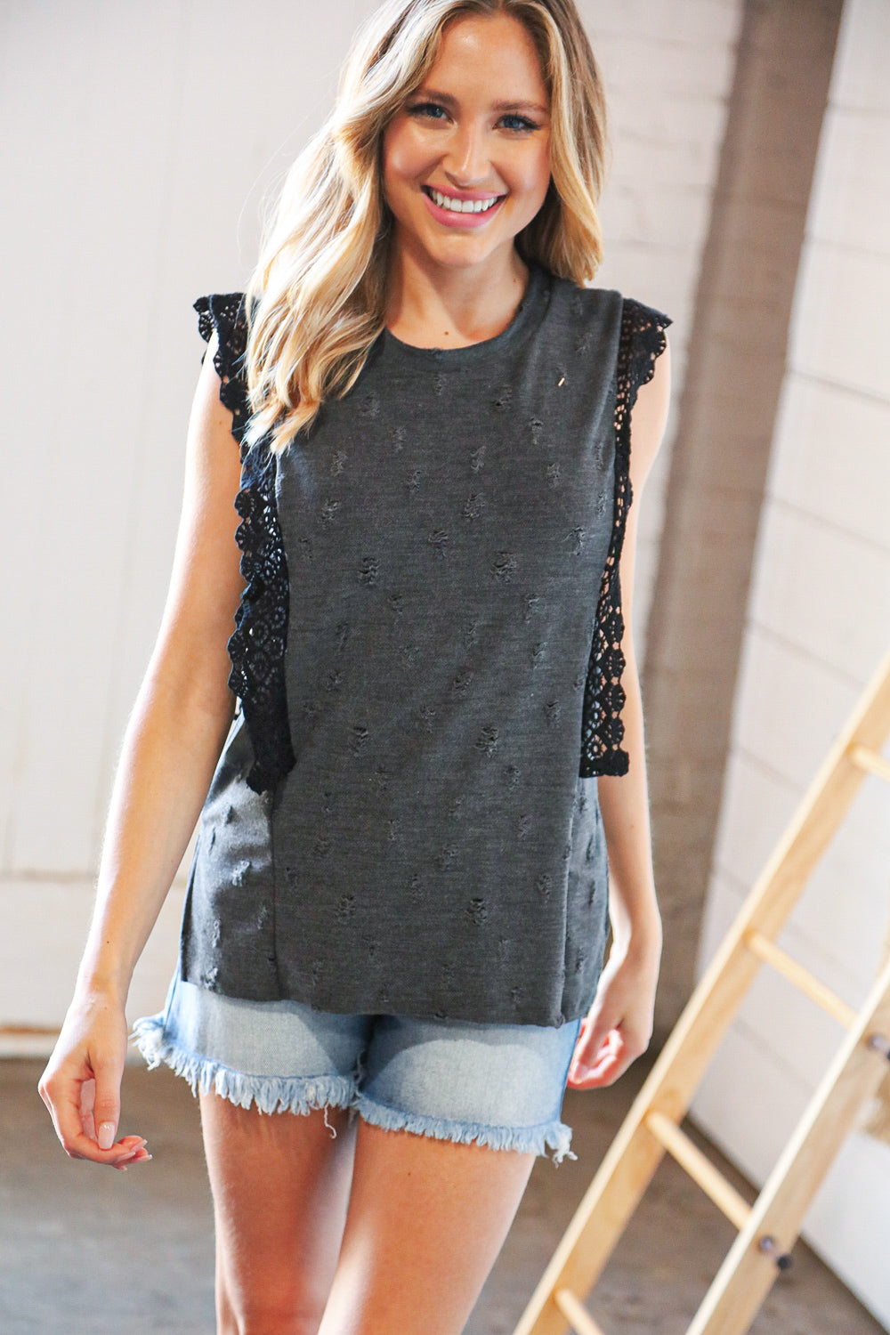 Charcoal Distressed Sleeveless Crochet Lace Top-Modish Lily, Tecumseh Michigan