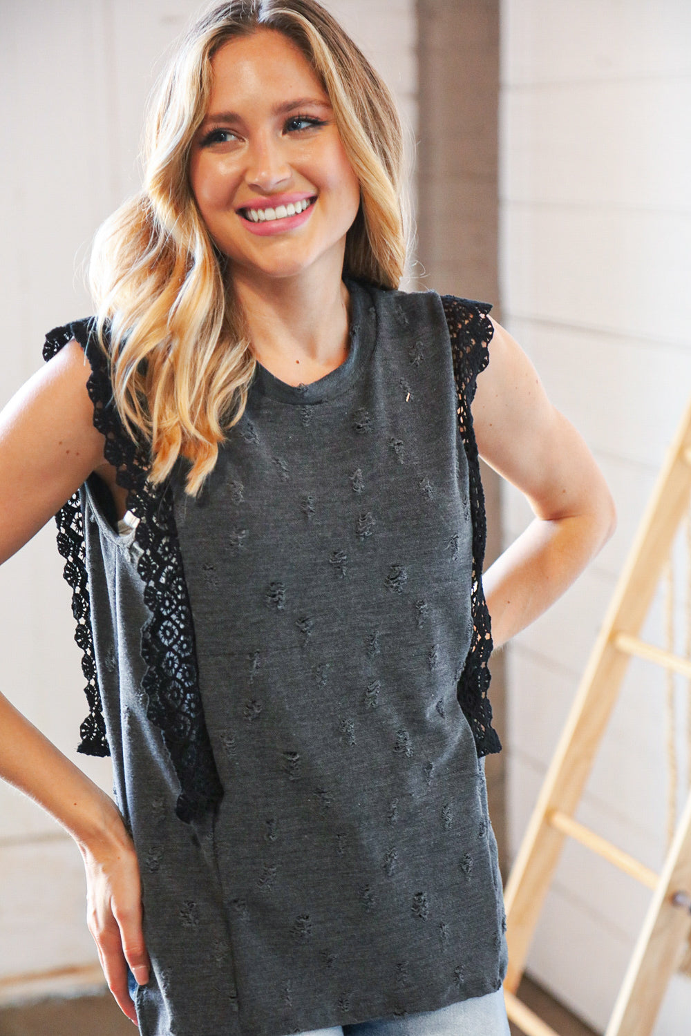 Charcoal Distressed Sleeveless Crochet Lace Top-Modish Lily, Tecumseh Michigan