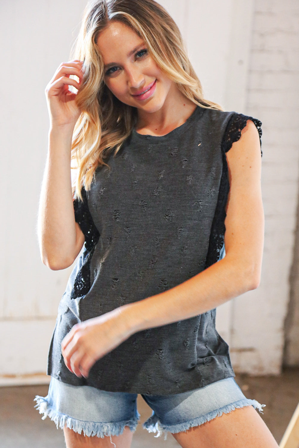 Charcoal Distressed Sleeveless Crochet Lace Top-Modish Lily, Tecumseh Michigan