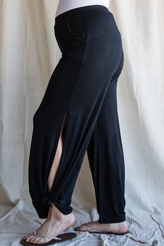 Split Side Tied Hem Pants in Black-Shirts & Tops-Modish Lily, Tecumseh Michigan
