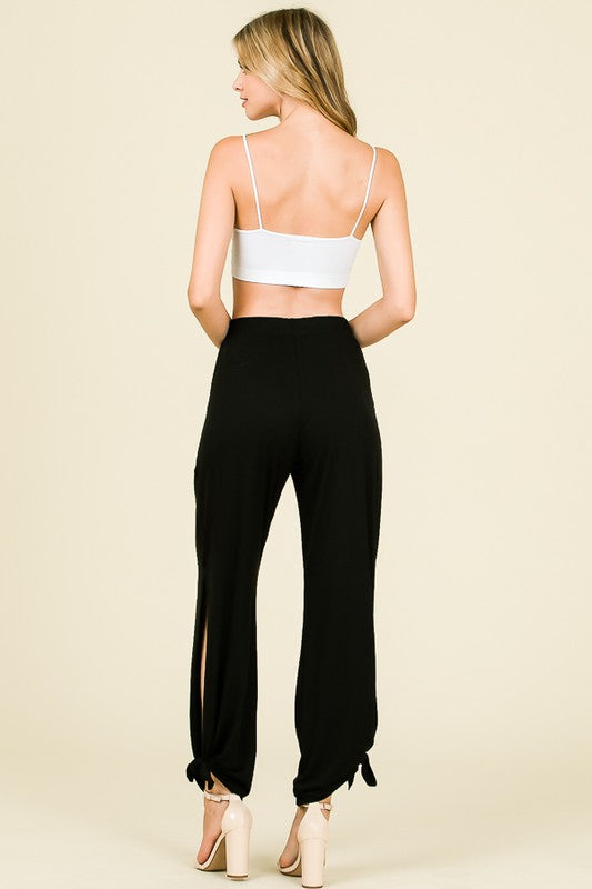 Split Side Tied Hem Pants in Black-Shirts & Tops-Modish Lily, Tecumseh Michigan