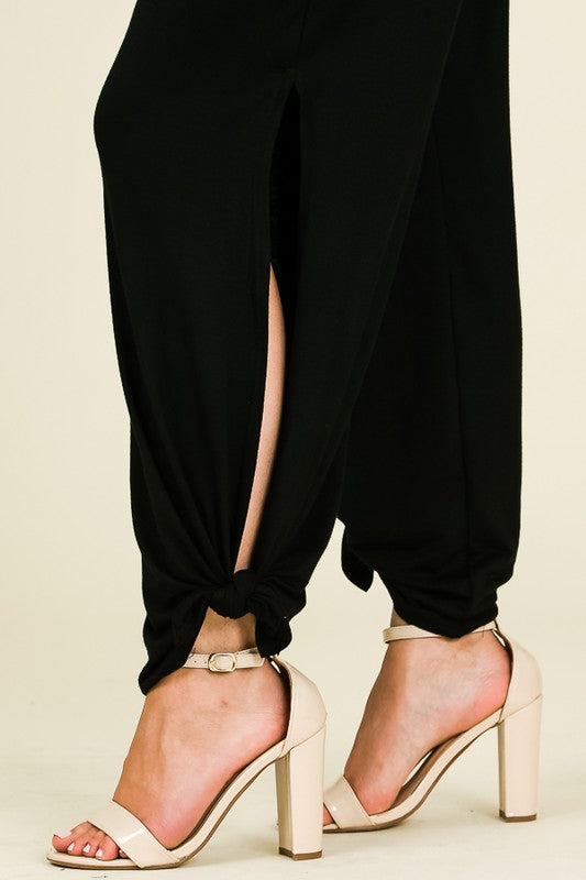 Split Side Tied Hem Pants in Black-Shirts & Tops-Modish Lily, Tecumseh Michigan