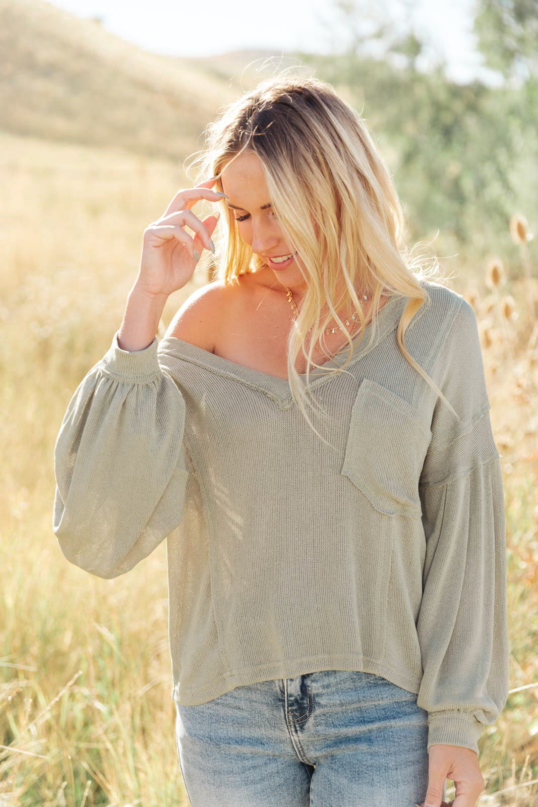 Bellissimo Draped V-Neck Sweater in Olive-Womens-Modish Lily, Tecumseh Michigan