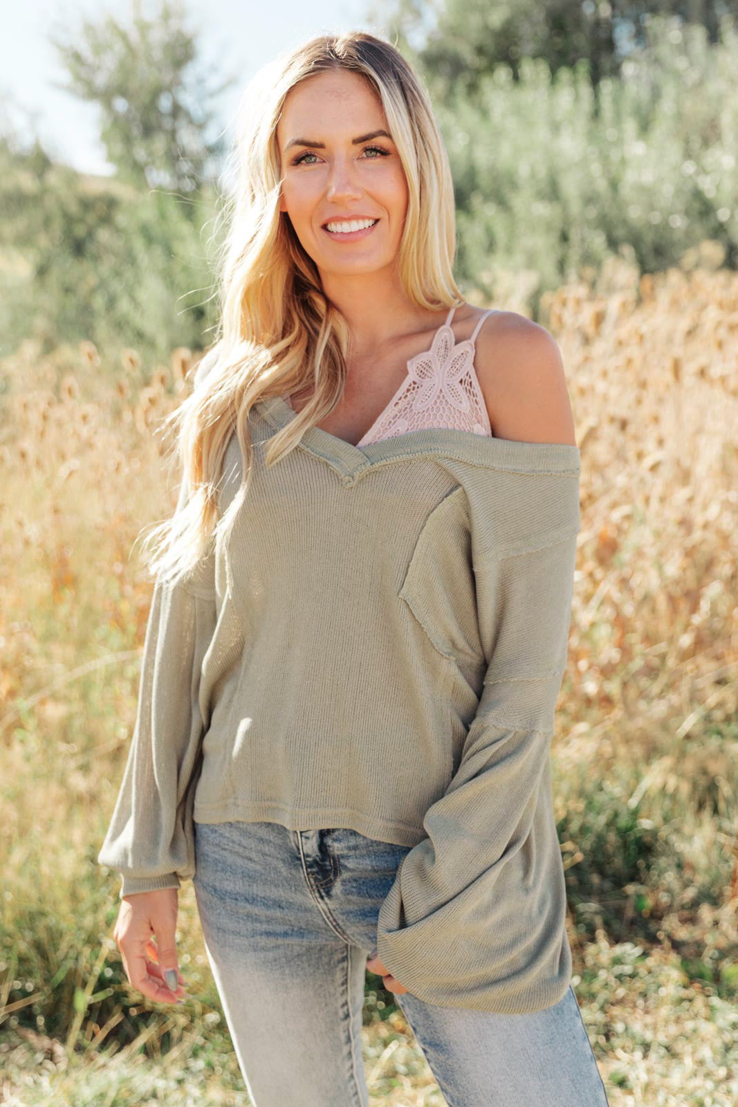 Bellissimo Draped V-Neck Sweater in Olive-Womens-Modish Lily, Tecumseh Michigan