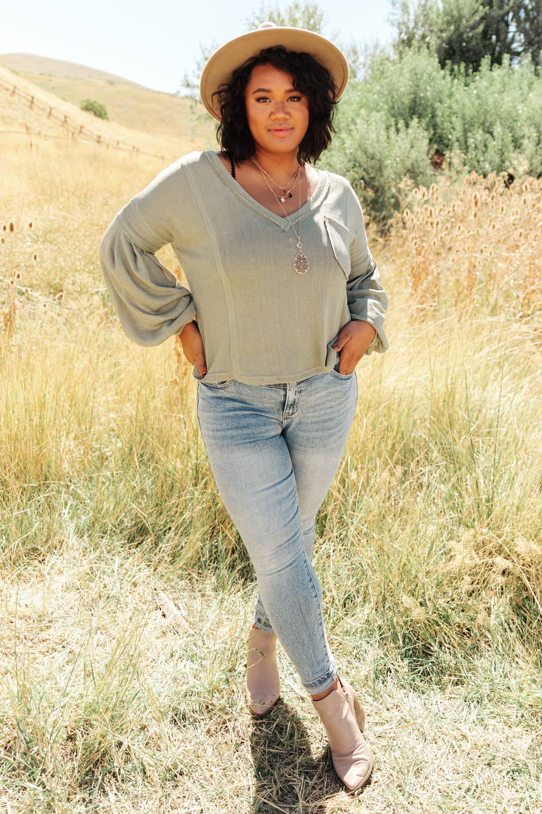 Bellissimo Draped V-Neck Sweater in Olive-Womens-Modish Lily, Tecumseh Michigan