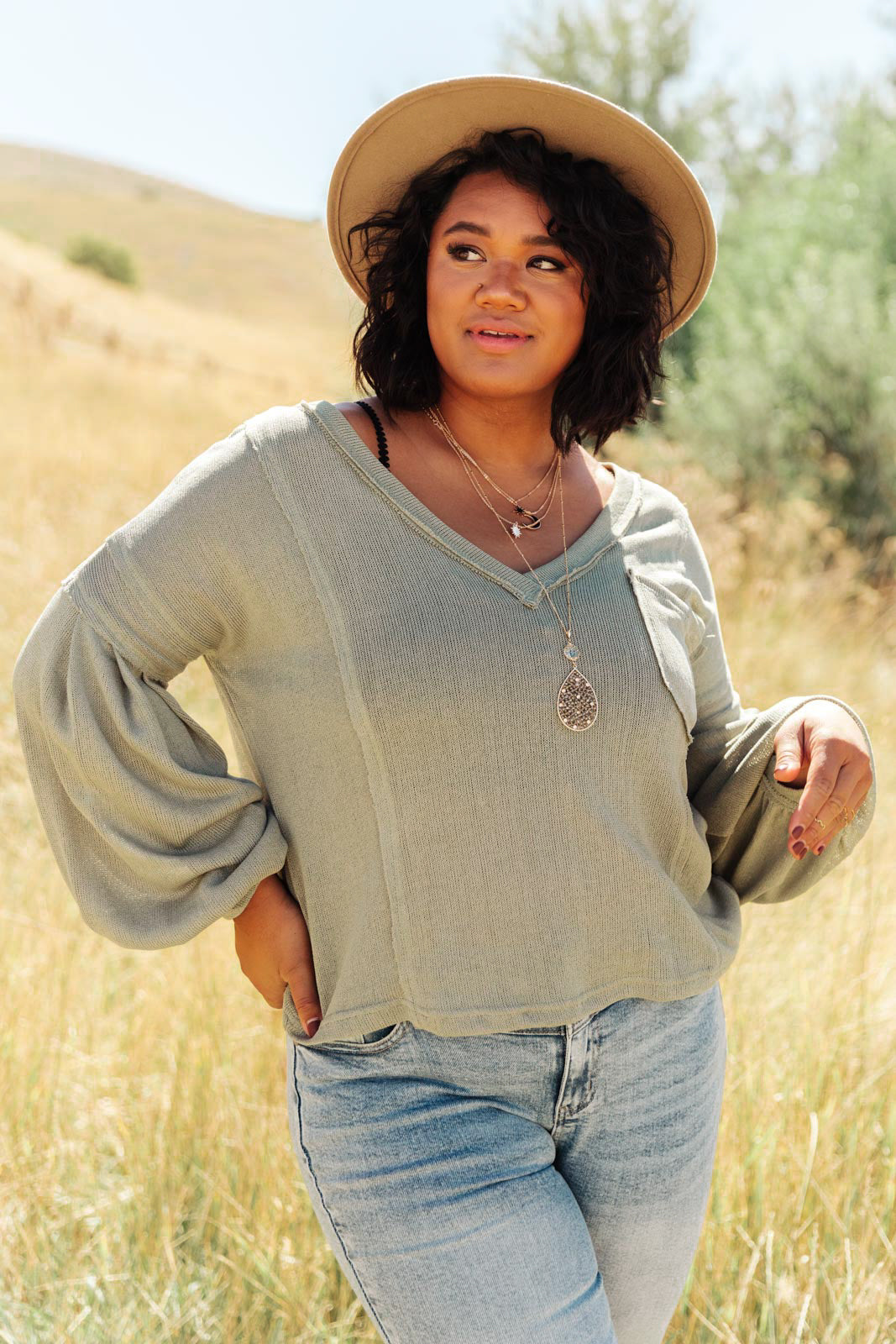 Bellissimo Draped V-Neck Sweater in Olive-Womens-Modish Lily, Tecumseh Michigan