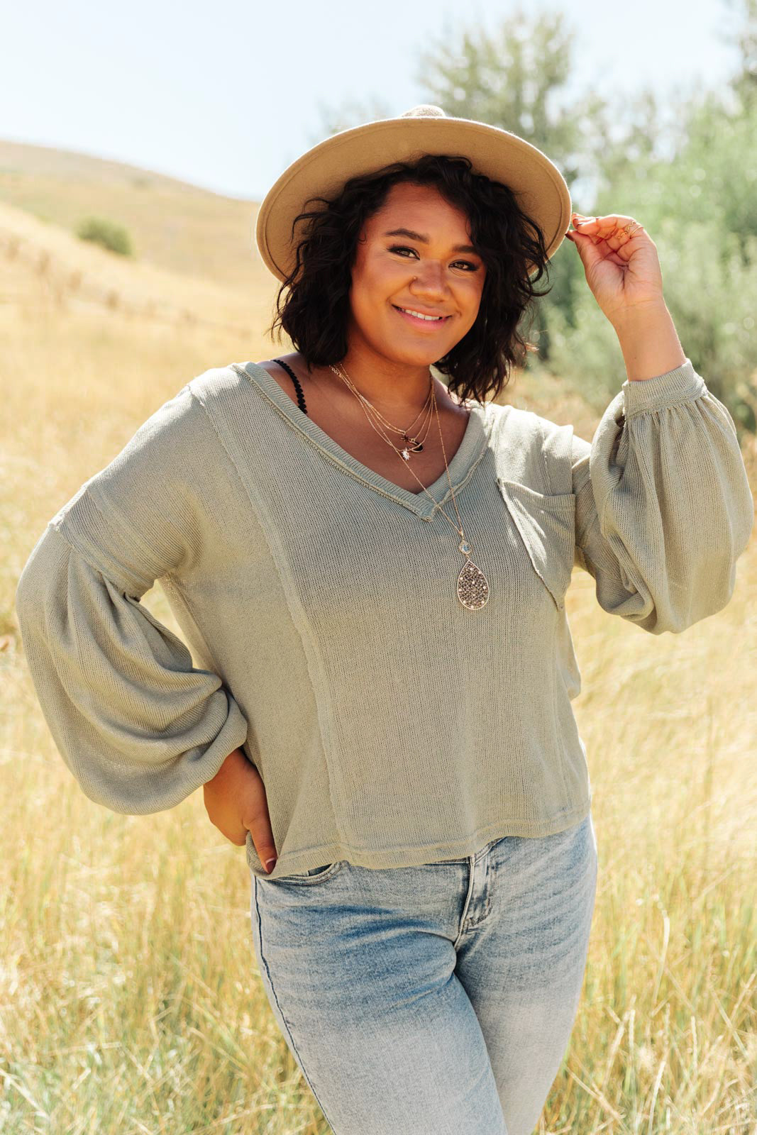 Bellissimo Draped V-Neck Sweater in Olive-Womens-Modish Lily, Tecumseh Michigan