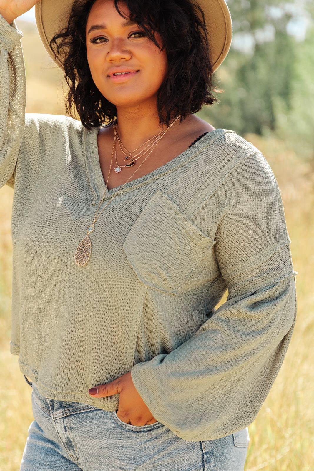 Bellissimo Draped V-Neck Sweater in Olive-Womens-Modish Lily, Tecumseh Michigan