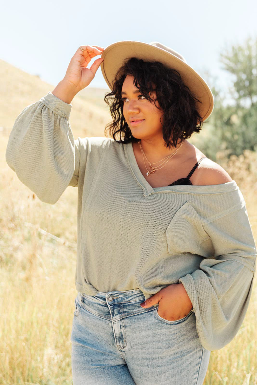 Bellissimo Draped V-Neck Sweater in Olive-Womens-Modish Lily, Tecumseh Michigan