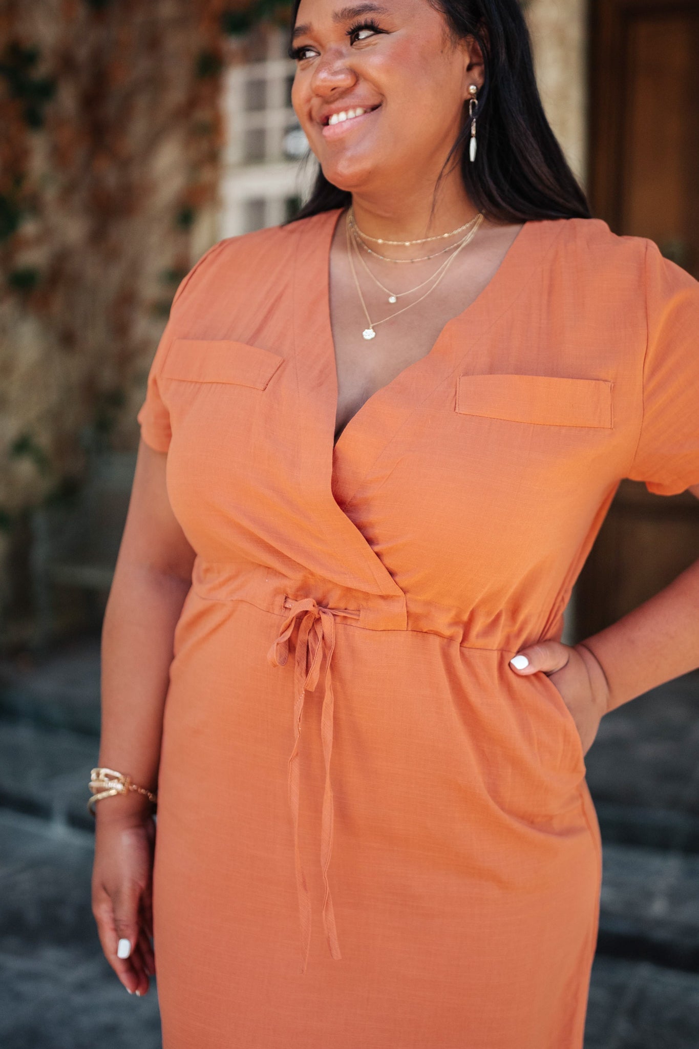 Crossover Midi Dress in Rust-Womens-Modish Lily, Tecumseh Michigan