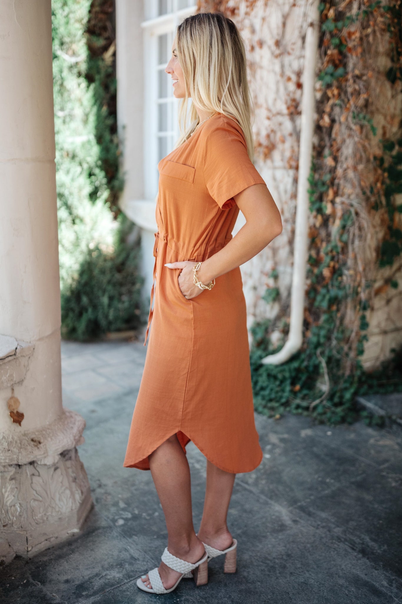 Crossover Midi Dress in Rust-Womens-Modish Lily, Tecumseh Michigan