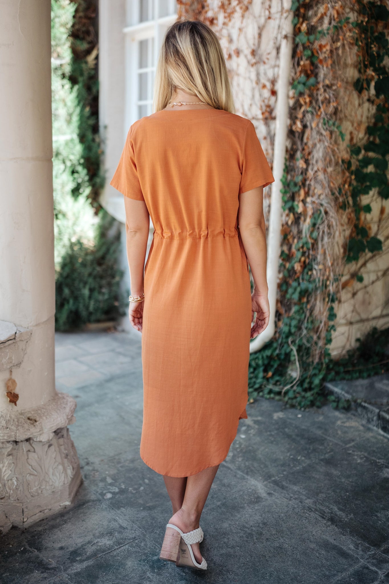 Crossover Midi Dress in Rust-Womens-Modish Lily, Tecumseh Michigan