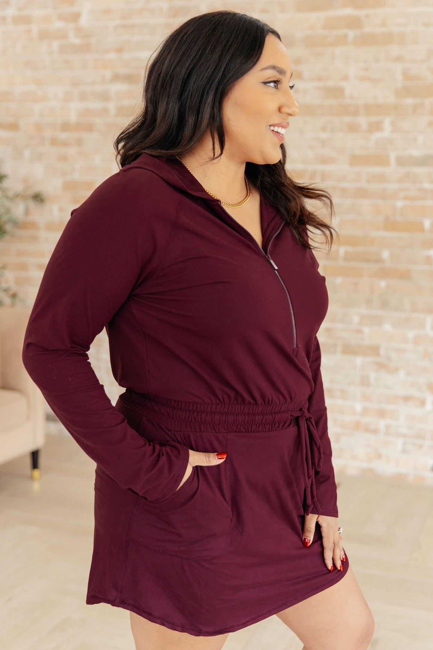 Getting Out Long Sleeve Hoodie Romper in Maroon-Athleisure-Modish Lily, Tecumseh Michigan