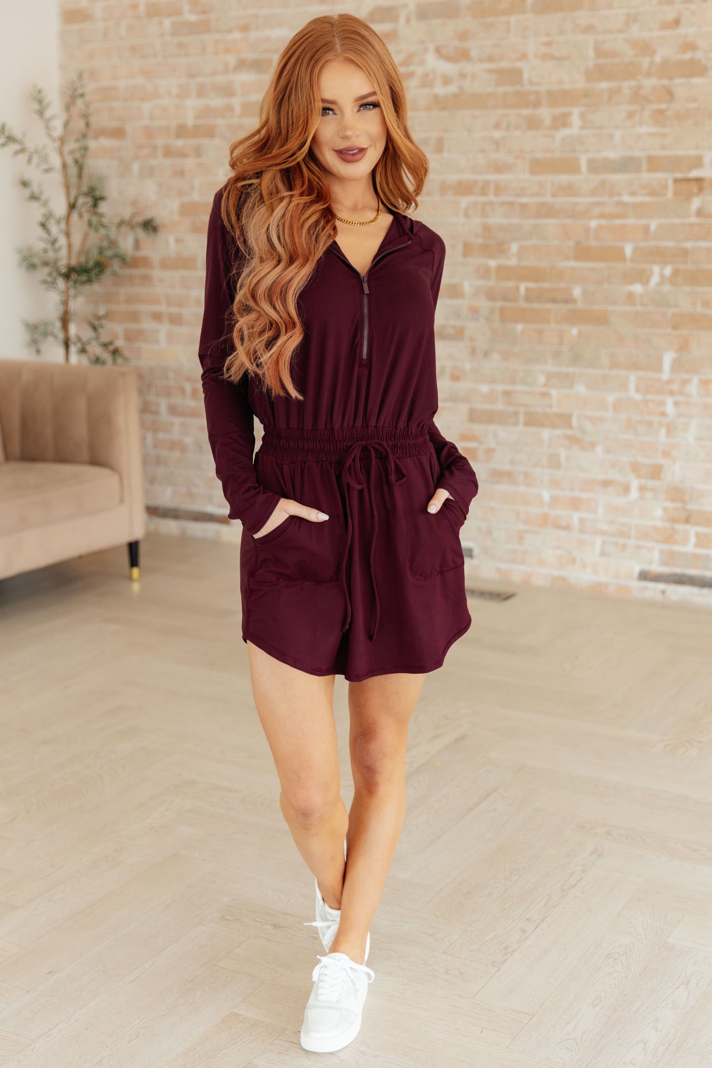 Getting Out Long Sleeve Hoodie Romper in Maroon-Athleisure-Modish Lily, Tecumseh Michigan