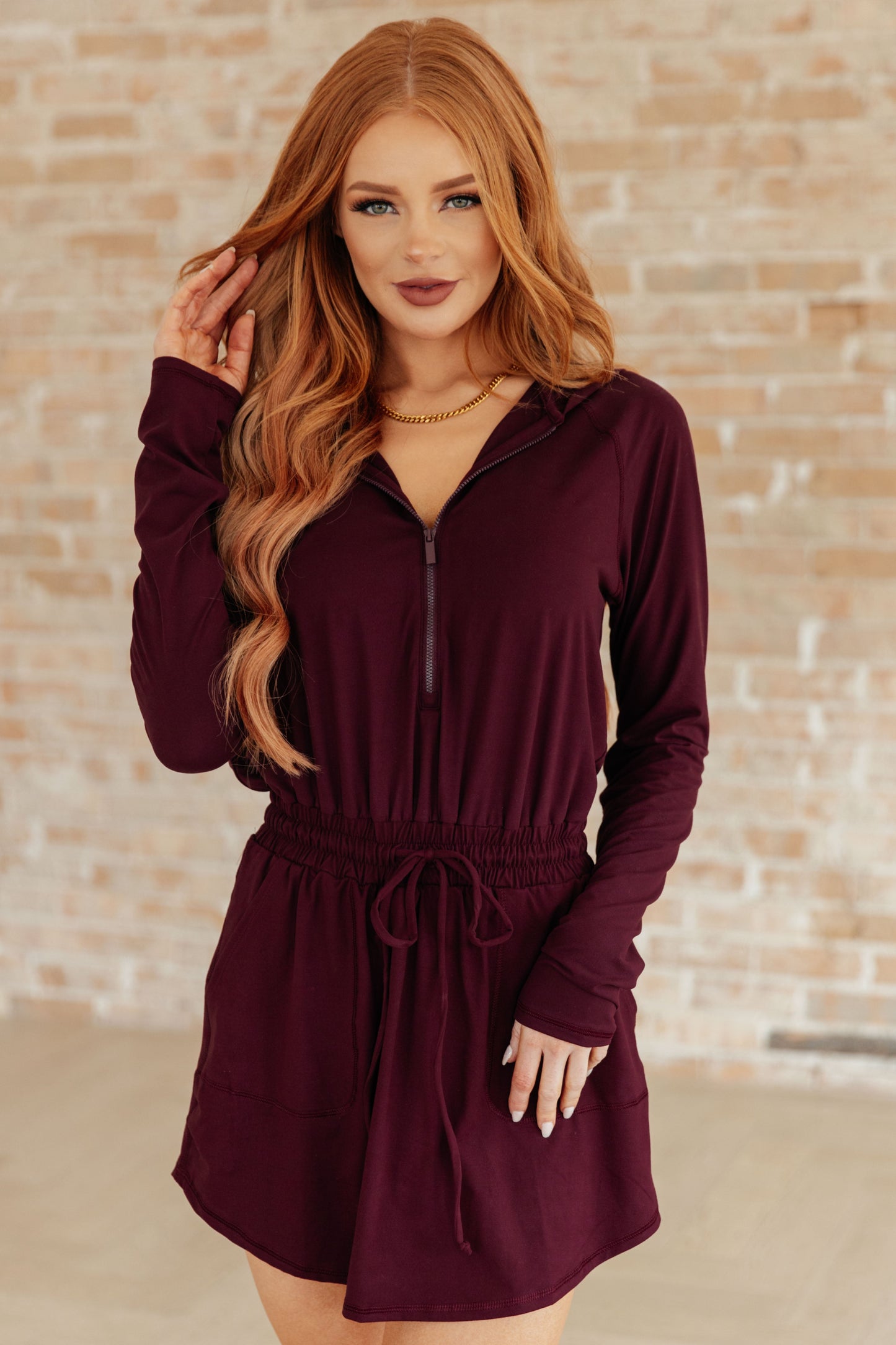 Getting Out Long Sleeve Hoodie Romper in Maroon-Athleisure-Modish Lily, Tecumseh Michigan