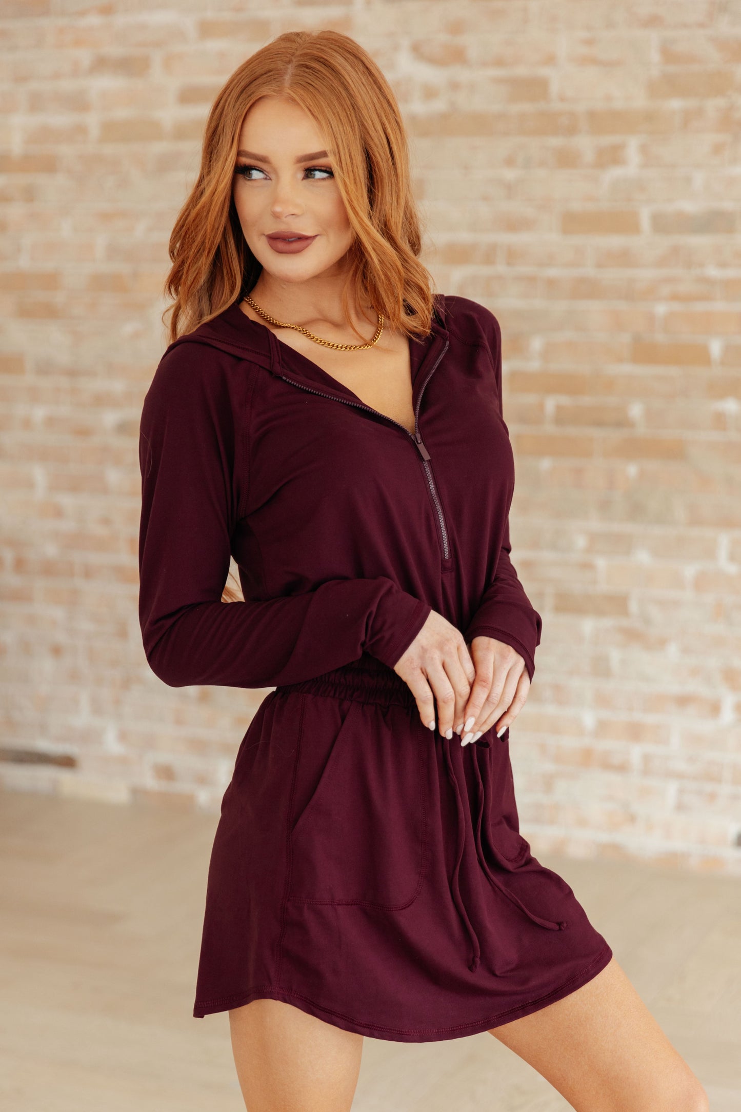 Getting Out Long Sleeve Hoodie Romper in Maroon-Athleisure-Modish Lily, Tecumseh Michigan