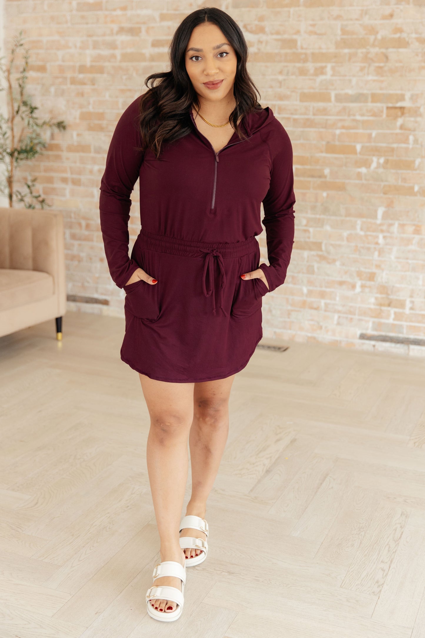Getting Out Long Sleeve Hoodie Romper in Maroon-Athleisure-Modish Lily, Tecumseh Michigan