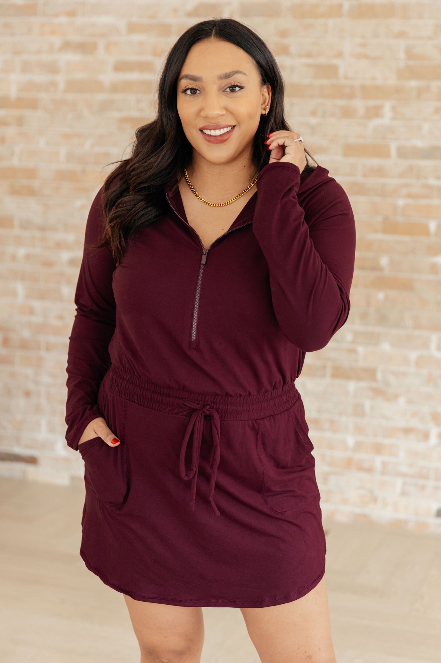 Getting Out Long Sleeve Hoodie Romper in Maroon-Athleisure-Modish Lily, Tecumseh Michigan