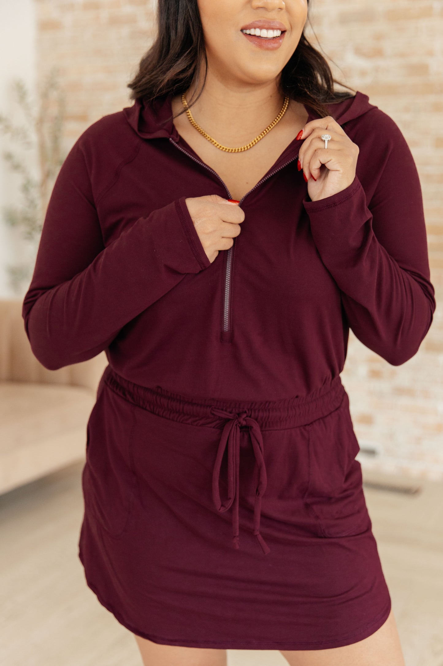 Getting Out Long Sleeve Hoodie Romper in Maroon-Athleisure-Modish Lily, Tecumseh Michigan
