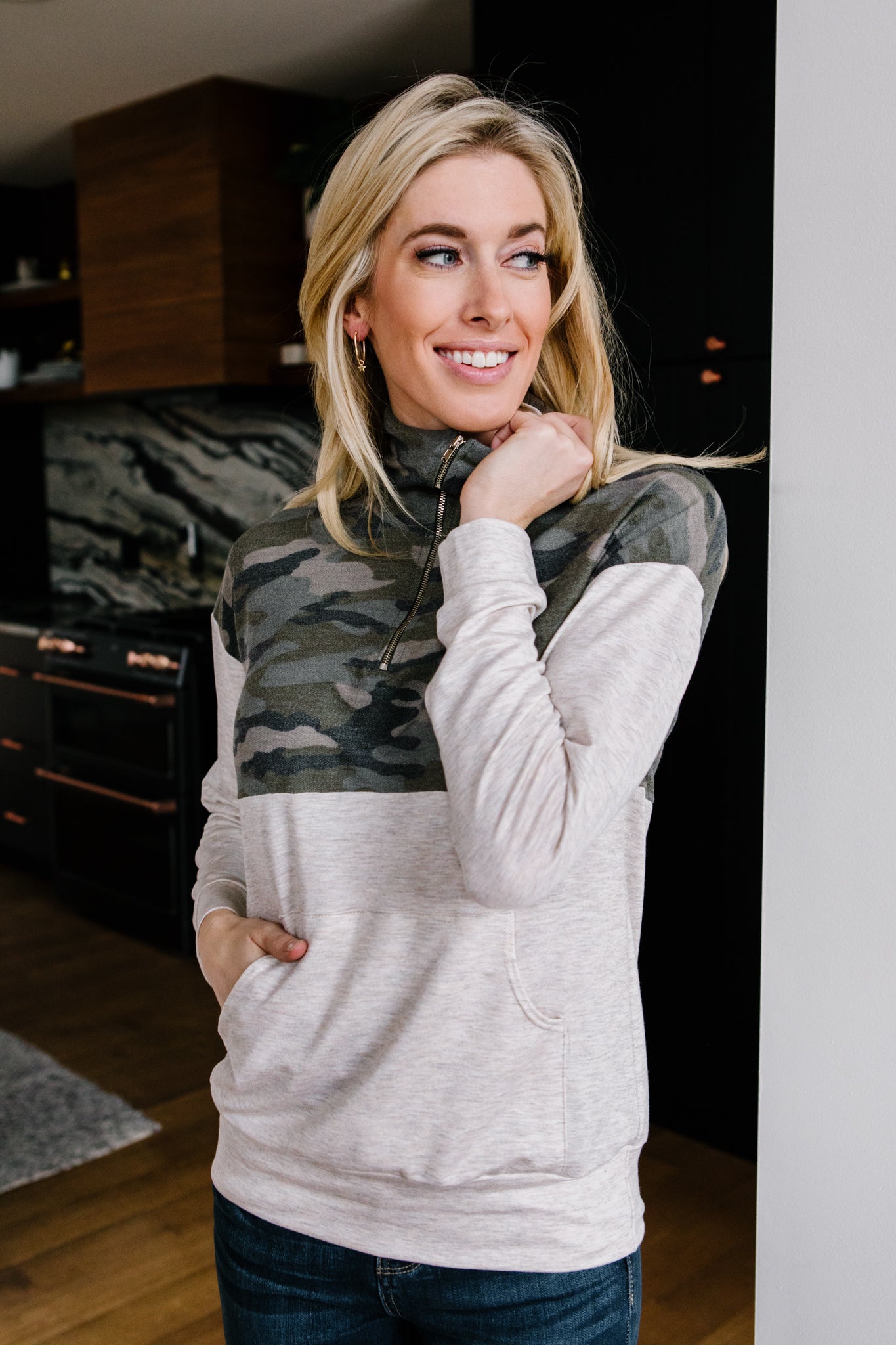 Half Camo Pullover in Oatmeal-Womens-Modish Lily, Tecumseh Michigan