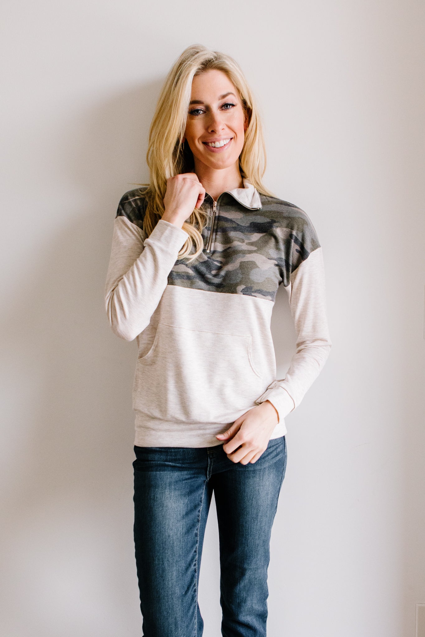 Half Camo Pullover in Oatmeal-Womens-Modish Lily, Tecumseh Michigan