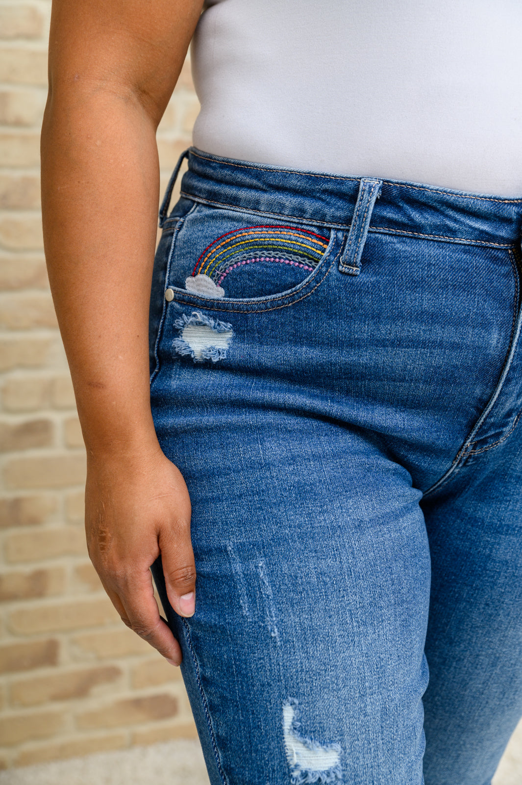 Hi-Rise Rainbow Embroidery Cropped Straight Leg Jeans-Womens-Modish Lily, Tecumseh Michigan