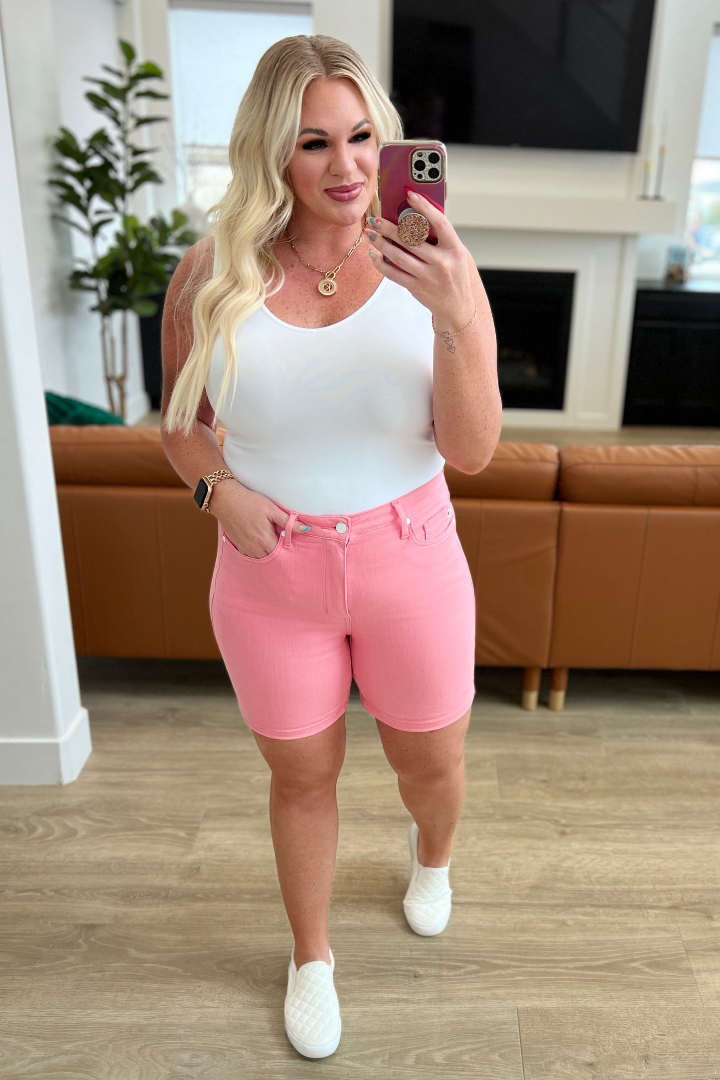 Jenna High Rise Control Top Cuffed Shorts in Pink-Womens-Modish Lily, Tecumseh Michigan