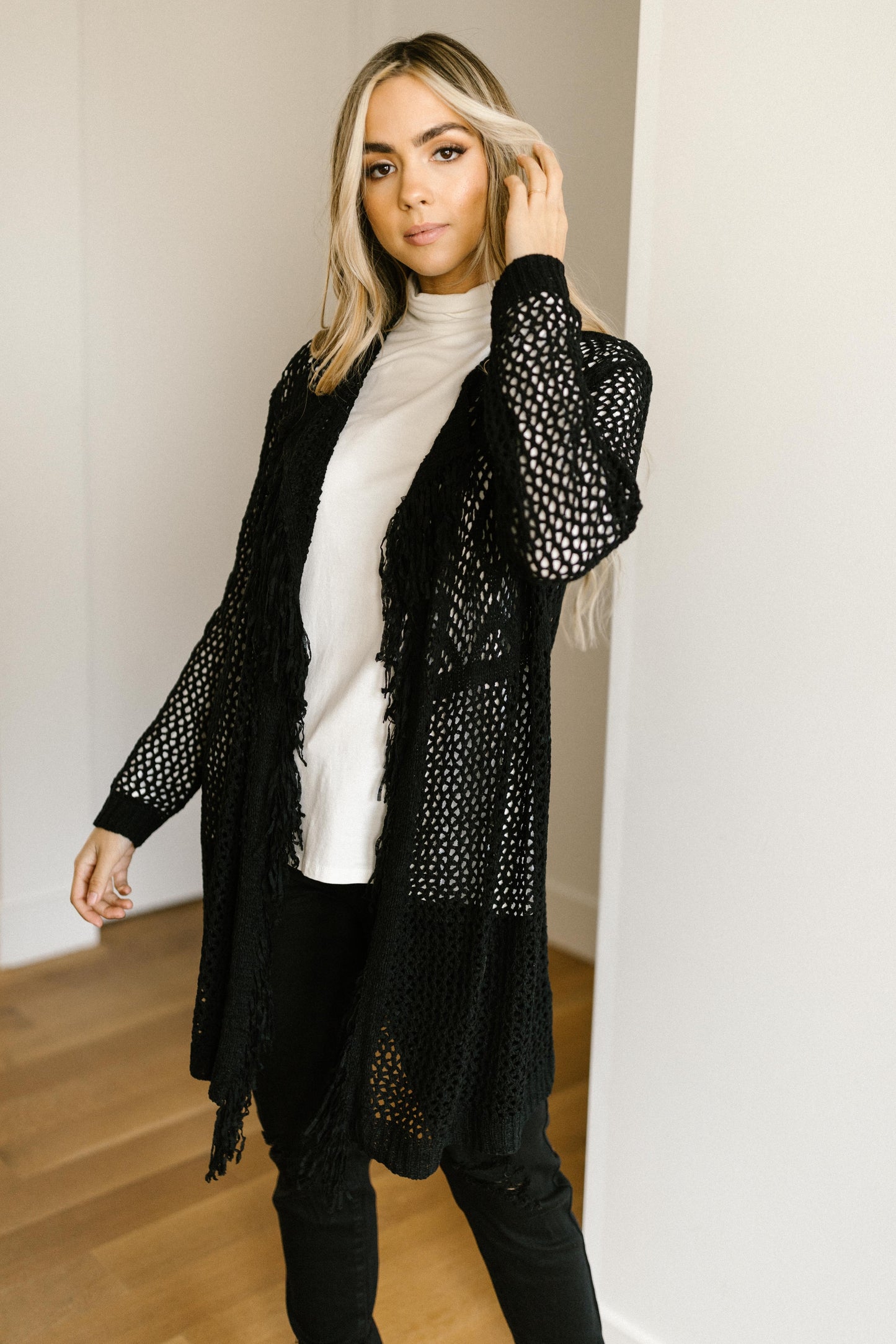 Knit And Fringe Cardigan in Black-Womens-Modish Lily, Tecumseh Michigan
