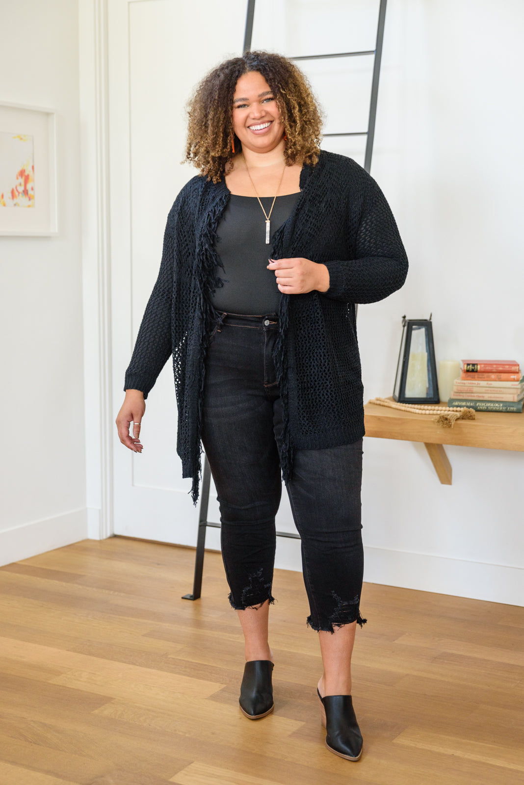 Knit And Fringe Cardigan in Black-Womens-Modish Lily, Tecumseh Michigan